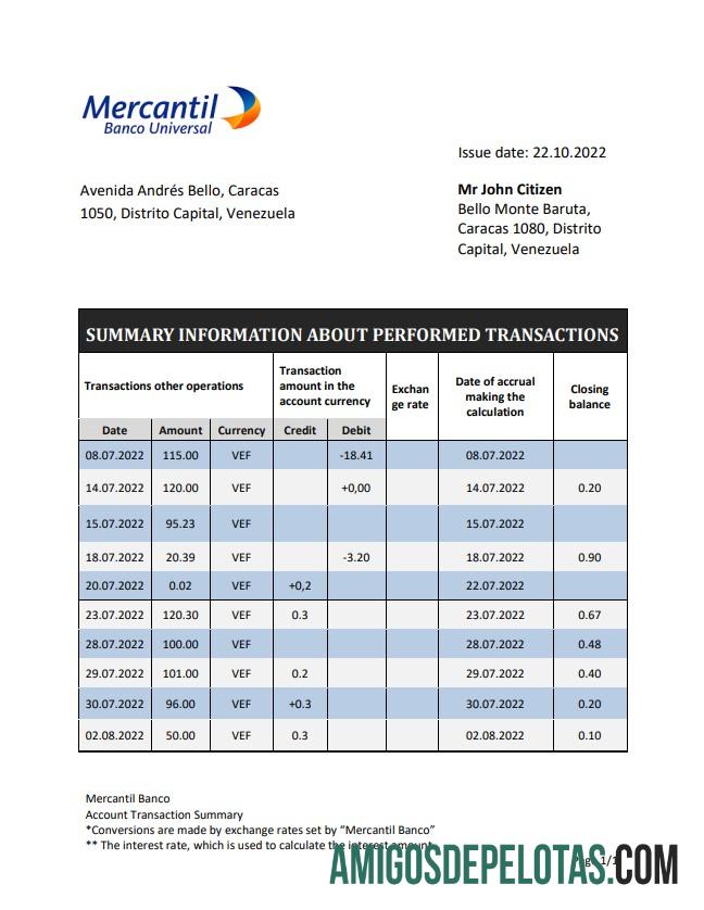 Venezuela Mercantil extrato bancário amostra